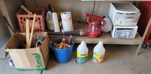 lot 324 image: Rain X, Paper Towels, Caulking Gun, Storage Bins, Leaf Blower and more.