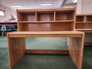 lot 13505 image: Wooden Childrens Desk W Upper Storage