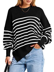 lot 3694 image: Prinbara Womens Batwing Sleeve Pullover Side Split Oversized Solid Sweaters Drop Shoulder Loose Slouchy Mock Neck Tops 3PA05-heibaitiao-S SMALL