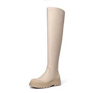 lot 3726 image: DREAM PAIRS Womens Sdob229w Patform Over The Knee Thigh High Boots Stretch Soft Chunky Lug Sole Fall Long Boots, Beige Pu, Size 7
