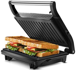 lot 3727 image: Panini Press Grill, Sandwich Maker with Non-stick Plates, Opens 180 Degrees for Any Size, Indicator Lights, Electric Indoor Grill by Aigostar, Sliver