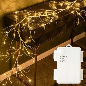 lot 3730 image: Fudios Lighted Birch Garland with Timer 48 LED Fairy Lights 6ft Battery Operated for Mantle Decor, Lit Twig Garland Christmas Indoor Outdoor Wedding Home Wall Decoration