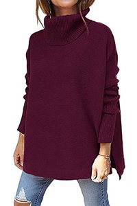 lot 3732 image: LILLUSORY Woman Turtle Neck Oversized Batwing Long Sleeve Asymmetric Hem Cozy Red Pullover Sweater LARGE