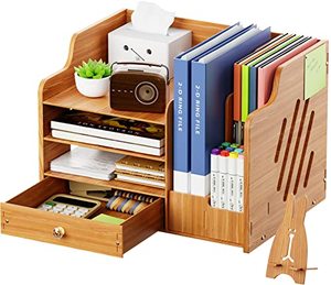 lot 3733 image: Marbrasse Wooden Desk Organizer with File Holder, 4-Tier Paper Letter Tray Organizer with Drawer