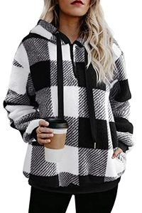 lot 3742 image: ReachMe Womens Oversized Sherpa Pullover Hoodie with Pockets Fuzzy Fleece Sweatshirt Tie Dye Fluffy Coat(B Black Plaid,XL)