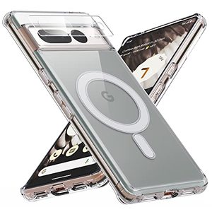 lot 3748 image: MAKAVO for Pixel 7 Pro Case, Magnetic Case Compatible with MagSafe, Slim Thin Hard Back & Soft Edges Crystal Clear Cover Shockproof Phone Shell with Camera Lens Protector