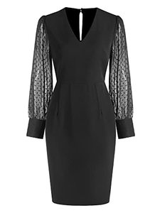 lot 3750 image: ZAFUL Womens Pencil Work Dresses Swiss Dot Long Sleeve V Neck Bodycon Elegant Business Casual Cocktail Party Dress Black