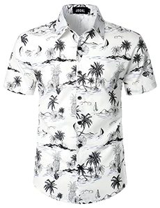 lot 3771 image: JOGAL Mens Flower Cotton Button Down Short Sleeve Hawaiian Shirt White XX-Large