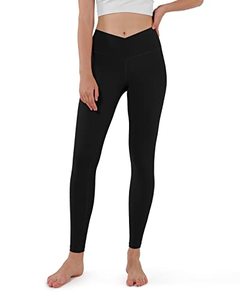 lot 3776 image: ODODOS Womens Cross Waist Yoga Leggings with Inner Pocket, Non See-Through Workout Running Tights Athletic Pants-Inseam 28in, Black, X-Small