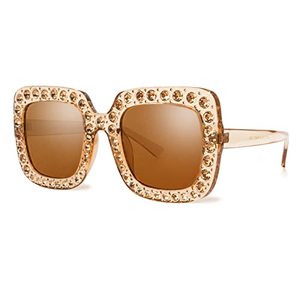 lot 3780 image: ailov Sparkly Rhinestone Retro Sunglasses for Men Women Elton Accessories Colorful Crystal Trimmed Big Squared Disco Glasses (Clear Tea Colored FrameGold Mirror Lens)