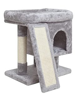 lot 3792 image: SYANDLVY Small Cat Tree for Indoor Cats, Modern Cat Activity Tower with Plush Perch, Kittens Condo with Scratching Post and Board, Cat Cave (Light Grey)