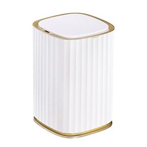 lot 3793 image: ELPHECO 3.5 Gallon Bathroom Trash Can, 13.5 Litre Bedroom Motion Sensor Trash Can with Lids, Automatic Waterproof Trash Can for Bathroom, Living Room, Bedroom, Office, White with Golden Trim