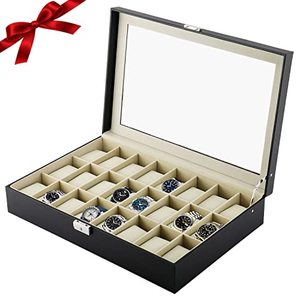 lot 3794 image: Artilife 24 Slots Watch Display Case Glass Top for Men,PU Leather Display Storage Collection Organizer Jewelry Case with Removable Pillows