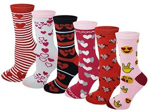 lot 3795 image: Sumona 6 Pairs Women Colorful Fancy Crazy Design Soft & Stretchy Novelty Crew Socks (Valentines Day)
