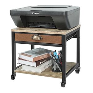lot 3798 image: X-cosrack Printer Stand, Under Desk and Desktop Multi-Purpose with Storage Drawers, Wooden 2 Tiers Printer Cart with Detachable Wheels and Anti-Skid Feet for Mini Printer Scanner Fax Home and Office