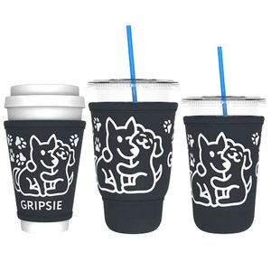 lot 3804 image: GRIPSIE Coffee Cup Sleeves with Non-Slip Grip (3-Pack) Fits Medium and Large Drive-Thru Cups - Insulated Holders for Hot & Cold Drinks, Boba Tea, Shakes, Juice - Cute Dog Print (Charcoal)