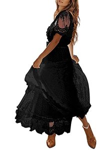 lot 4458 image: Bdcoco Womens V Neck Button Down Floral Lace Maxi Dress Casual Short Sleeve Boho Flowy Dresses Black