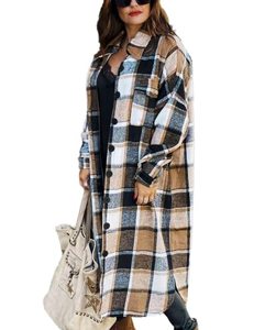 lot 4465 image: Omoone Womens Lounge Lapel Button Up Long Sleeve Plaid Long Shirt Jacket Shacket(1766-Brown-XL)
