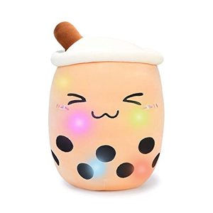 lot 4473 image: AIXINI Light up Boba Stuffed Plush Bubble Tea Pillow with LED Colorful Night Lights Glowing Super Soft-Brown,13.7in