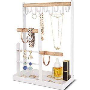 lot 4492 image: ProCase Jewelry Organizer Stand Necklace Holder, 4-Tier Jewelry Tower Rack with Earring Tray and Holes, 10 Hooks Necklaces Hanging Storage Tree Display for Bracelets Watches Earrings Rings -White