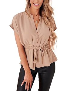 lot 4502 image: Womens Button Down Blouses Casual Peplum Summer Tops Dressy Chiffon Work Blouse Apricot