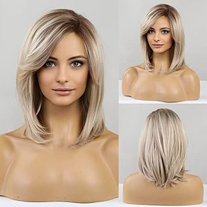 lot 4504 image: HAIRCUBE Blonde Wigs for Women Shoulder Length Layered Synthetic Hair Wig with Dark Roots