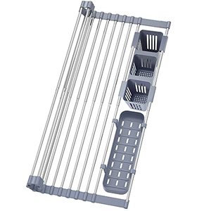 lot 4514 image: Expandable Roll Up Dish Drying Rack Up to 22.8in with 2 Storage Baskets,Over The Sink Kitchen Rolling up Dish Drainer Dish Drying Rack in Sink, Foldable,Rollable,for Kitchen Dishes,Cups,Fruits,Forks