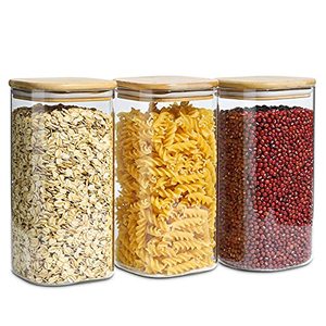 lot 4526 image: KTMAMA Airtight Glass Storage Canister with Lid (50oz), Clear Food Storage Container Jar with Sealing Bamboo Lid for Noodles Flour Cereal Rice Sugar Tea Coffee Beans, Square Set of 3