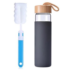 lot 4527 image: Yomious 20 Oz Borosilicate Glass Water Bottle with Bamboo Lid and Silicone Sleeve Reusable BPA Free Glass Drinking Bottle with Lids - Cute Glass Bottle for Women - Glass Shaker Bottle