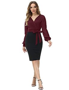 lot 4534 image: Womens Bodycon Dresses for Work Casual Wrap V Neck Batwing Sleeve Slim Extra Small Fit Wine Red-Black XS