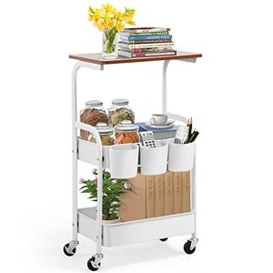 lot 4539 image: LEZIOA 3 Tier Metal Rolling Cart with Tabletop, Multipurpose Mobile Utility Storage Cart on Wheels for Office Kitchen Bedroom Bathroom Living Room