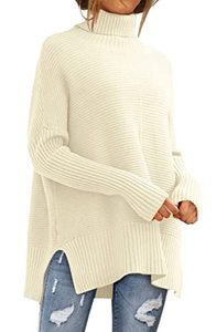 lot 4548 image: LILLUSORY Womens Turtleneck Oversized Tunic Sweaters 2022 Long Batwing Sleeve Spilt Hem Pullover Knit Sweater Tops Apricot