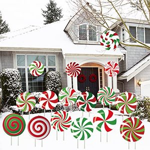 lot 4549 image: 16 Pieces Christmas Outdoor Yard Candy Signs with Stakes String,Waterproof Lollipop Peppermint Holiday and Xmas Hanging Ornaments for Porch Tree Pathway Walkway Garden Lawn Decor