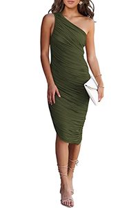 lot 4552 image: PRETTYGARDEN Womens Ruched Bodycon Dress 2023 Summer One Shoulder Sleeveless Party Cocktail Pencil Dresses (Army Green,Medium)
