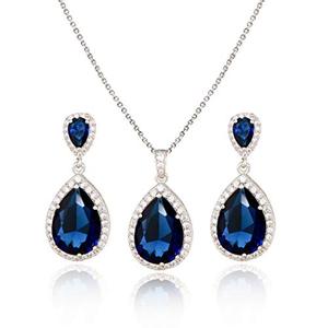 lot 4553 image: Blue Sapphire Jewelry Set - Womens Sterling Silver Teardrop Cubic Zirconia Crystal CZ Rhinestone Bridal Necklace Earrings Set for Wedding Bride Bridesmaids Mother of Bride Prom Party Costume Jewelry