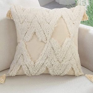 lot 4554 image: cygnus 18x18 Inch Beige Morocco Tufted Throw Pillow Cover with Tassels Zipper Pillowcase Case for Couch Living Room Farmhouse Decorative Boho (1Pcs)