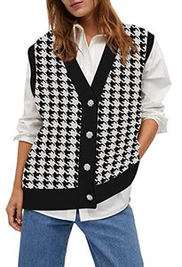 lot 4559 image: Viottiset Womens Oversized Houndstooth Sweater Vest V Neck Button Sleeveless Knit Cardigan Black X-Large
