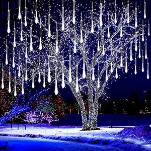 lot 4564 image: Kwaiffeo Christmas Lights Outdoor, Meteor Shower Lights Falling Rain Lights 12 inch 8 Tube 192 LED Snow Falling Icicle Cascading Lights for Xmas Tree Halloween Decoration Wedding Party, UL Plug, White