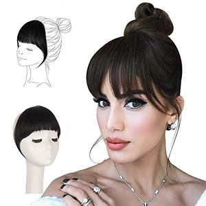 lot 4579 image: FESHFEN Clip in Bangs 100% Human Hair Extension Curved Bangs French Bangs Fringe Natural Black Hair Pieces Clip on Natural Flat Neat Bangs with Temples One Piece Hairpiece Extension for Women Girls