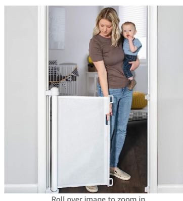 lot 54530 image: YOOFOR Retractable Baby Gate, Extra Wide Safety Kids or Pets Gate, 33�� Tall, Extends to 55�� Wide, Mesh Safety Dog Gate for Stairs, Indoor, Outdoor, Doorways, Hallways (White, 33x55) (Retail $54.00)