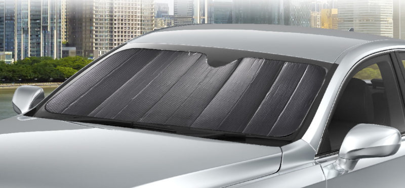 lot 54283 image: Car Windshield Fits All Cars Sun Shade, Blocks UV Rays, MAVRS Genuine Sun Visor Protector, Sunshade Keeps Your Vehicle Cool and Damage Free, Easy to Use, Fits Windshields of Various Foldable with carry case Black