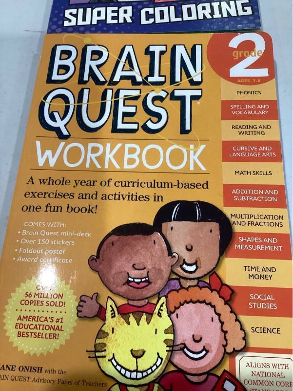 lot 54373 image: Brain Quest Workbook Grade 2 ( Brain Quest) (Paperback) by Liane Onish PLUS PJ Masks Super Coloring Book with stickers ( Retail $21.00)
