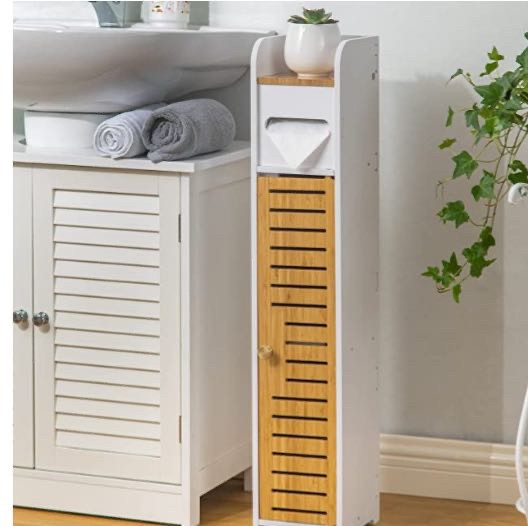 lot 53727 image: Toilet Paper Storage,Toilet Paper Holder Stand Beside Toilet Storage for Bathtroom Storage,Bathroom Storage Cabinet with Toilet Paper Holder Insert,Bathroom Stand for Small Space,black (Retail $34.22)