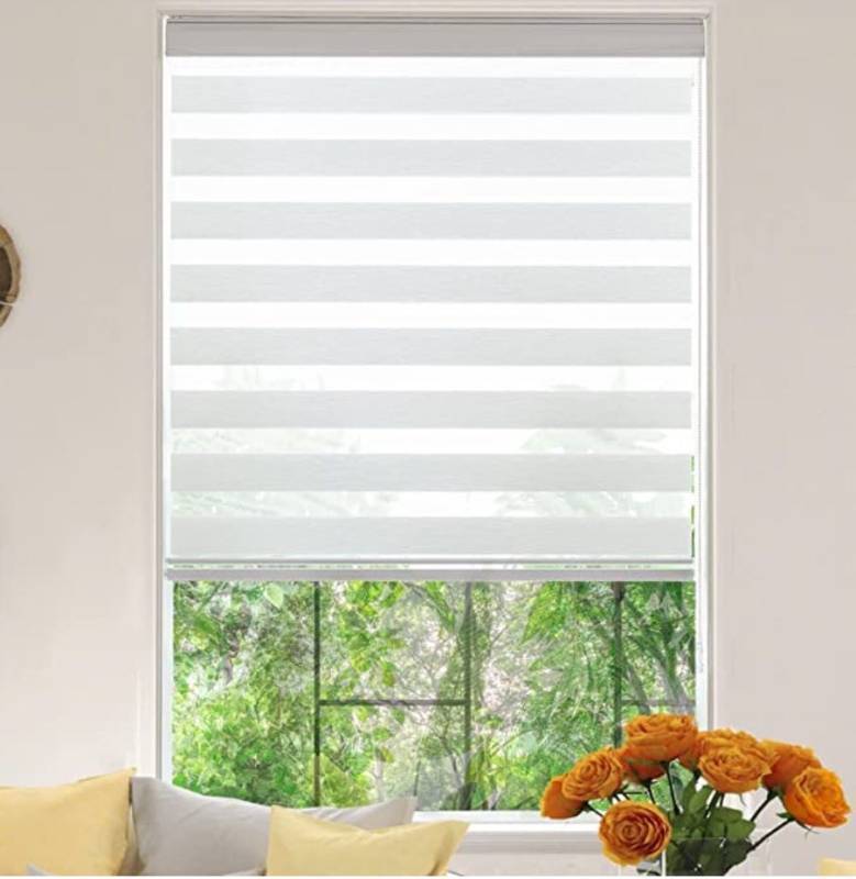 lot 13933 image: KALYSIE Zebra Roller Window Blinds,Custom Cut to Size,Roller Blinds Dual Layer Roller Shade Blinds, White,Fixed 64 InchesHigh,47 Inches Width (Retail $48.99)