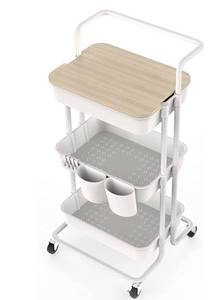 lot 54604 image: DTK 3 Tier Utility Rolling Cart with Cover Board, Rolling Storage Cart with Handle and Locking Wheels Kitchen Cart with 2 Small Baskets and 4 Hooks for Bathroom Office Balcony Living Room(White) (Retail $39.99)