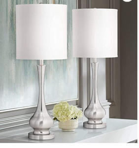 lot 54607 image: Euro Design Modern Table Lamps 32 Tall Set of 2 Brushed Nickel Gourd  White Drum Shade  USB charger  Touch to Dim  Decor for Living Room Bedroom House Bedside Nightstand Home Office Reading Entryway (Retail $159.98)