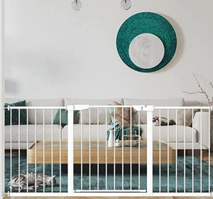 lot 54614 image: Fairy Baby White Extra Wide or Narrow Baby Gate Pressure Mounted Pet Gate Walk Thru Child Safety Gate with Extensions (White, 68.11-70.87) (Retail $179.99)