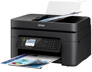 lot 54617 image: Epson Workforce WF-2850 All-in-One Wireless Color Inkjet Printer, Black - Print Scan Copy Fax - 10 ppm, 5760 x 1440 dpi, Auto 2-Sided Printing, 30-Sheet ADF, Voice-Activated, Vertluna Printer_Cable ( Retail $93.00)