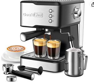 lot 54619 image: Geek Chef Espresso Machine 20 Bar, Fast Heating Automatic, Compact Coffee Machine with Milk Frother Steam Wand, Latte & Cappuccino Maker for Espresso, 1.4L Water Tank, 1350W (Espresso Machine 20 Bar) (Retail $119.99)