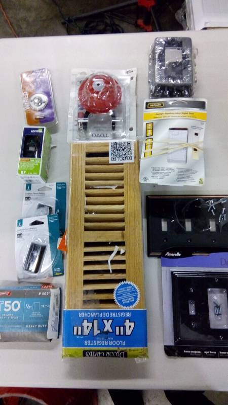 lot 6868 image: large lot of home repair parts, timers, switch plates, floor registers and more, see pictures for more details